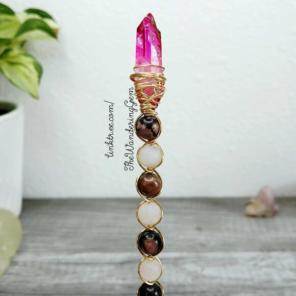 Pink Crystal Wand, Magic Wand, Alter Tool, Beaded Wire Wrapped, 7.5" - Picture 2 of 6